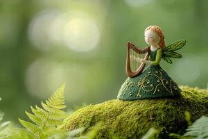 A whimsical fairy in a green dress plays a tiny harp on a mossy rock surrounded by soft ferns in dappled sunlight photo
