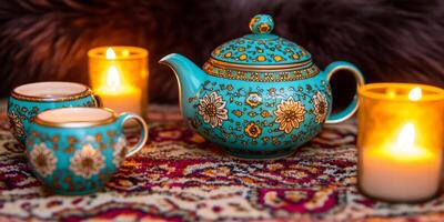 Persian tea service featuring a decorative teapot and cups, arranged on a colorful rug with flickering candles photo