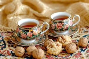 Elegant Persian tea table with floral tea set and assorted nuts and cookies on a richly textured rug photo