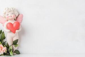 A joyful cupid with a heart arrow brightens a minimalist studio adorned with soft lighting and simple decor photo