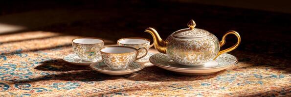 Oriental tea table set with golden-patterned teapot and elegant glass cups on a richly decorated carpet in soft light photo