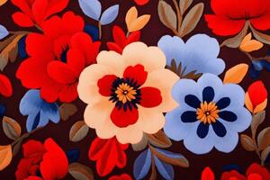 Vibrant floral pattern featuring bright flowers in folk embroidery style with rich tones on a colorful background photo