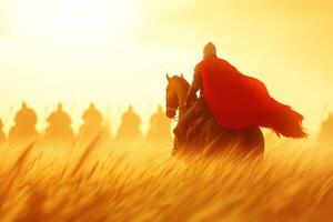 Knight rides through misty field, cape flowing in the golden light with warriors in the background photo