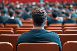 Thoughtful student in large lecture hall during university class with engaged professor in the background photo