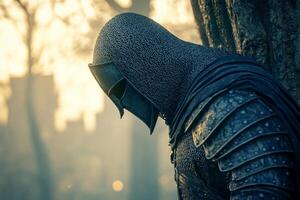Knight standing solemnly by an oak tree at twilight with armor illuminated by fading light in a serene forest setting photo