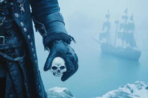A cold-eyed pirate stands on a cliff holding a skull while gazing at the distant ship sailing through the mist photo