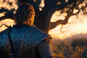 Knight standing solemnly before a large oak tree at twilight as fading light reflects on armor photo