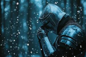 A knight adjusts his helmet under a starlit sky in a dark forest photo