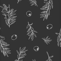 Graphic seamless pattern with branches of olives on a black background. Hand drawn Black and white illustration. Can be used for textile, wallpaper prints and packaging. vector