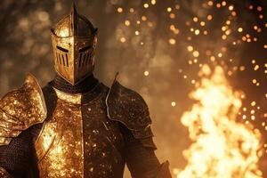 A brave knight stands tall before a roaring bonfire, glowing armor reflecting flames in a mystical forest setting photo