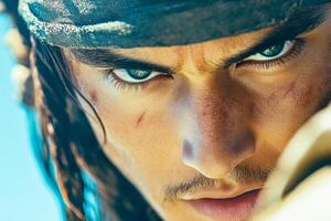Young pirate explores a deserted island in search of treasure with a rugged expression and determined gaze photo