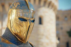 Knight in battle stance illuminated by warm daylight near ancient stone walls with medieval architecture photo