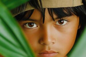 Young pirate searching for treasure on a deserted island with a hopeful expression in rugged style photo