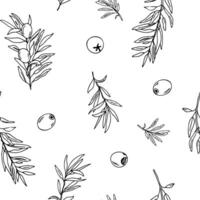 Graphic seamless pattern with branches of olives on a white background. Hand drawn Black and white illustration. Can be used for textile, wallpaper prints and packaging. vector