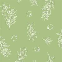 Graphic Seamless Pattern with Branches of Olives on a green background. Hand drawn illustration. Can be used for textile, wallpaper prints and packaging. vector