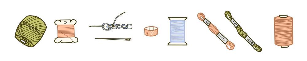 Sewing Set. Threads Spools, Needles with Stitches and Thimble. Hand drawn Colored illustration of Accessories for Stitching. Tools for seamstress, handicraft in doodle style, isolated on white vector