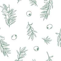 Graphic Seamless Pattern with green Branches of Olives on a white background. Hand drawn illustration. Can be used for textile, wallpaper prints and packaging. vector