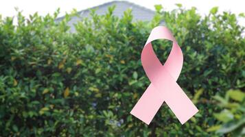 Pink ribbon, symbolizing cancer awareness, set against a blurred background of bushes, representing raising awareness and support for cancer related causes. photo