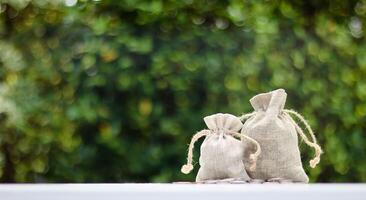 A burlap sack standing and another lying with coins spilling out onto a white surface, set against a blurred background of bushes, representing financial planning and budgeting. photo