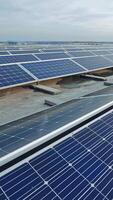 instalando fotovoltaico painéis em uma solar Fazenda. trabalhadores dentro protetora roupas. sustentável e renovável fonte do limpar \ limpo energia. vertical video