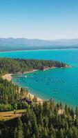 Amazingly turquoise color of the Lake Tahoe with lots of boats at the shore. Resort area locating in the pine tree forest. Mountains surrounding the lake. Vertical video