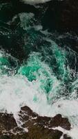 Aquamarine water crushing at the rugged rock peeping from ocean. Algae cluster gathering on surface around the rock. Top view. Vertical video