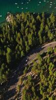 Highway in the pine tree forest with few cars on. Shore of the blue lake with numerous boats on. Aerial view. Vertical video