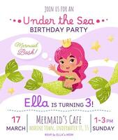 Mermaid birthday party invitation card. Vertical template with a mermaid princess and text for a kids' party. Happy birthday and underwater concept. Celebrating a third anniversary. vector