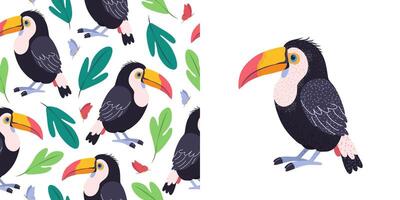 Seamless trendy pattern with toucan bird and tropical leaves. Pattern for childish prints, clothing, packaging, wrapping paper and postcards. Cute birds in flat style for kids. vector