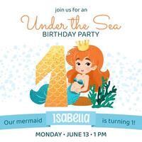Mermaid birthday party invitation card. Square template with a mermaid princess and number 1 for a kids' party. Happy birthday and underwater concept. Celebrating a first anniversary. vector