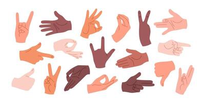 Set of human hands with different gestures and positions. Hands with different skin tones showing like, dislike, OK, rock, fist and other signs. Isolated illustrations on a white background. vector