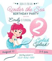 Mermaid birthday party invitation card. Vertical template with a mermaid princess and balloon with number 2 for a kids' party. Happy birthday and underwater concept. Celebrating a second anniversary. vector