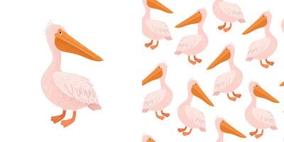 Set of seamless pattern and print with pelican bird. Childish pattern for childish prints, clothing, packaging, wrapping paper and postcards. Cute birds in flat style for kids. vector