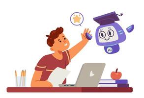 Artificial intelligence in school education concept flat illustration isolated on white. School boy giving high five to Ai robot. vector