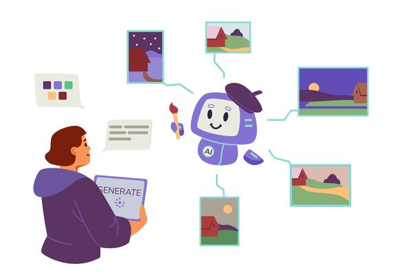 Digital artist using artificial intelligence for images generation concept flat illustration isolated on white. Woman holding graphic tablet interacting with AI robot by prompts for image generation.