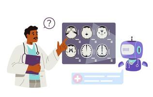 Artificial intelligence in medicine concept flat illustration isolated on white. African American medical worker using AI for brain MRI scan analysis. vector
