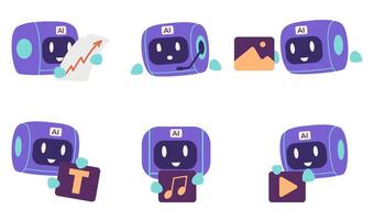 AI robot character assisting in different spheres generating music, images, , text, making analytics, chat bot flat illustrations set. vector