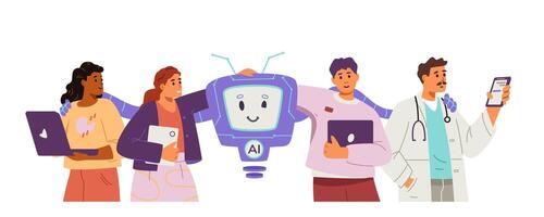 Multiracial group of different professionals interacting with artificial intelligence concept. Men and women hugging with AI robot character flat illustration isolated on white. vector