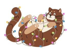 Funny plump cat laying on back and playing with Christmas garland flat illustration isolated on white. Cute cat wrapped in garland. vector