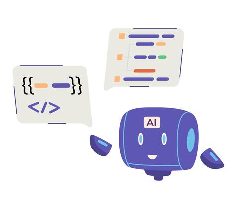AI robot character programmer assistant flat illustration isolated on white.