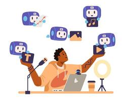 African American blogger interacting with artificial intelligence for blog content generation, analytics and promotion flat concept illustration isolated on white. vector