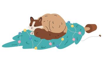 Cute cat sleeping on a fallen Christmas tree with garland flat illustration isolated on white. vector