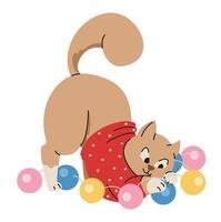 Funny cat in warm sweater playing with Christmas garland flat illustration isolated on white. vector