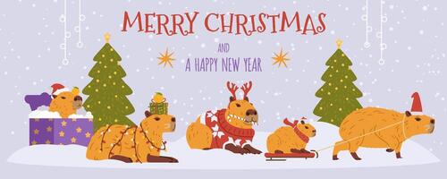 Merry Christmas and a happy new year horizontal banner with funny capybaras sitting under snowfall. vector
