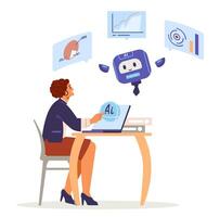 Business woman interacting with artificial intelligence for business analytics and reports generation flat concept illustration isolated on white. vector