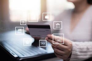 Smartphone with Online payment, Hand hold smartphone banking online bill payment Approved concept button, credit card and network connection icon on business technology virtual screen background photo