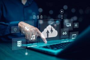 Cloud technology concept Global network of metaverse systems concept, Man hand touch data with internet cloud technology and File Transfer backup copy,Global business Internet for Telecommunication photo