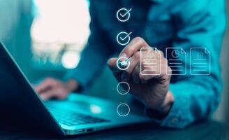 checklist and clipboard task documentation management, business people working laptop checklist questionnaire assessment form, online survey online exam Choosing the right answer in the exam photo