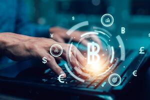 Businessman hand hold bitcoin and icon of business network on White background. bitcoin cryptocurrency ideas concept and virtual financial chart diagram, Digital symbol of a new virtual currency photo