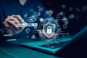 Cyber security and Security password login online concept Hands typing and entering username and password of social media, logging in with smartphone to an online bank account, data protection hacker photo
